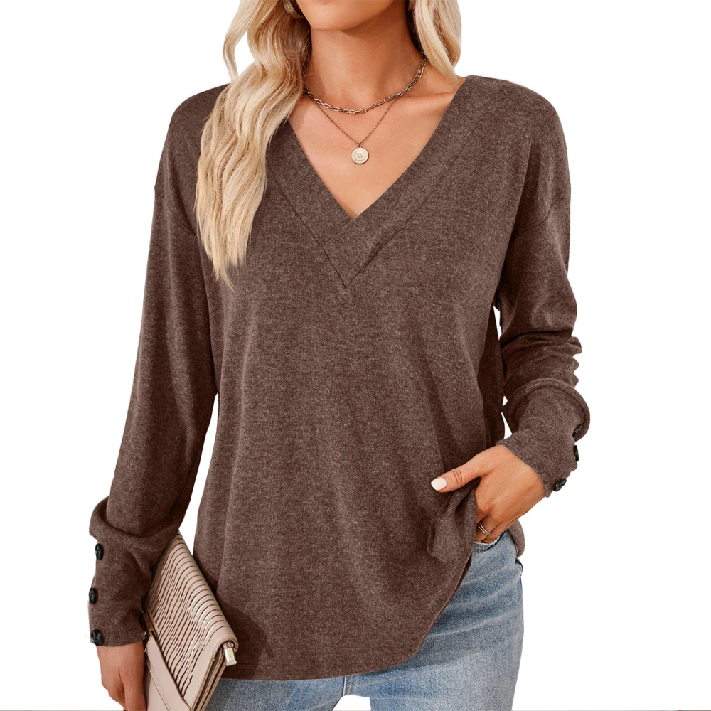 Women V Neck Long Sleeve Shirt Pure Color Fashionable Casual Loose Undershirt for Daily Outdoor Travel Coffee L