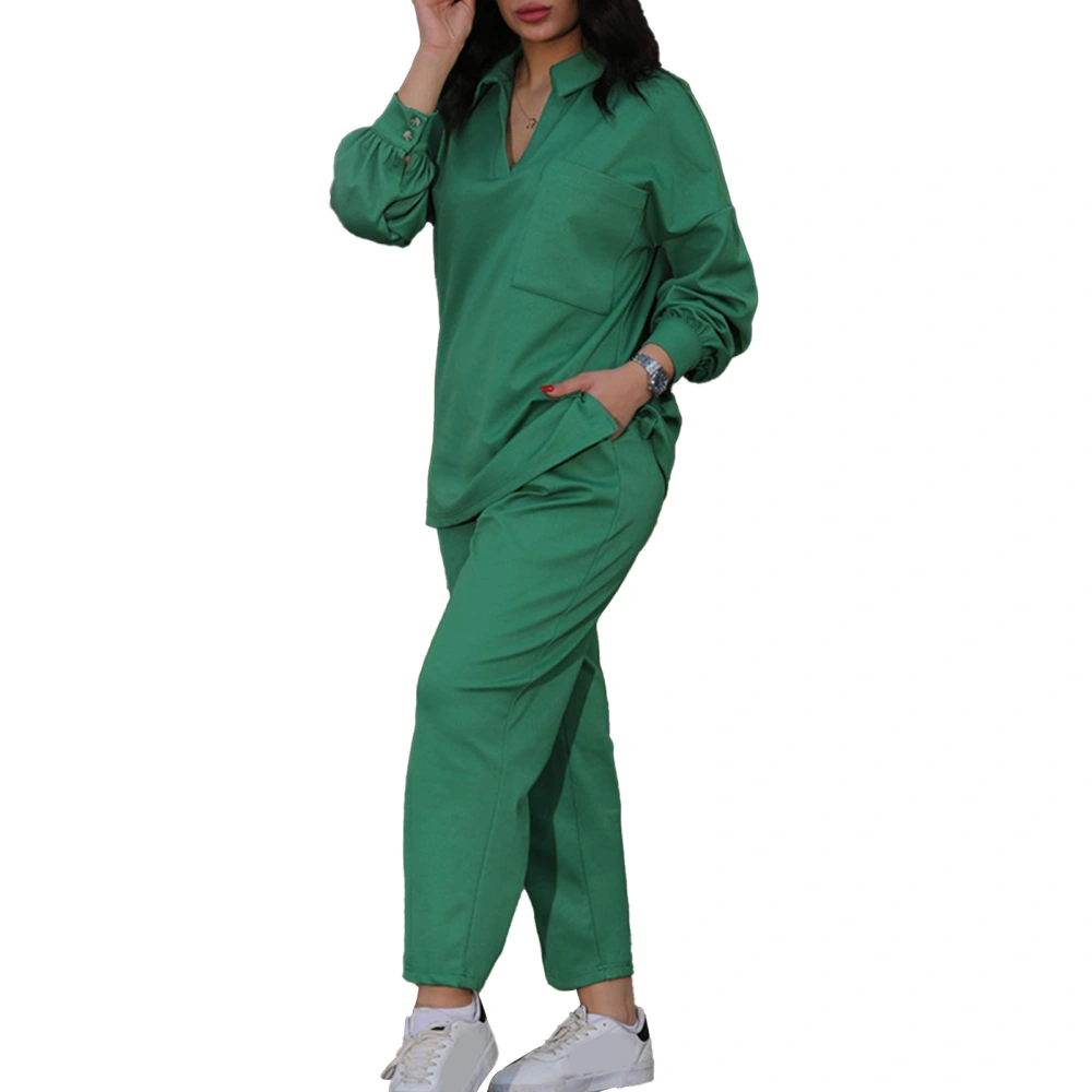 Women Two Piece Outfits V Neck Turn Down Collar Long Sleeves Top Drawstring Closure Pants Casual Set Green 2XL