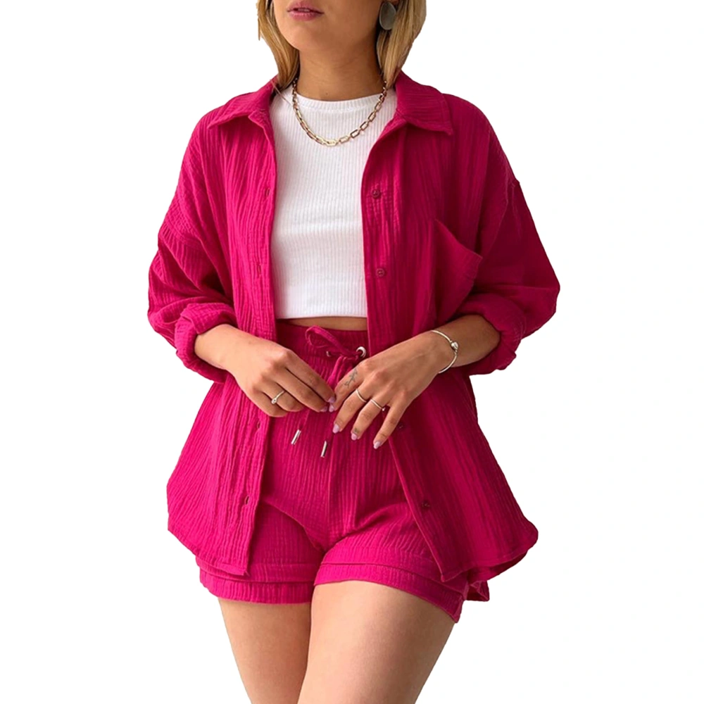 Long Sleeve Coat Shorts Front Pocket Drawstring Turn Down Collar Plus Size Plain Color Jacket High Waisted Shorts Suit Rose Red 2XL