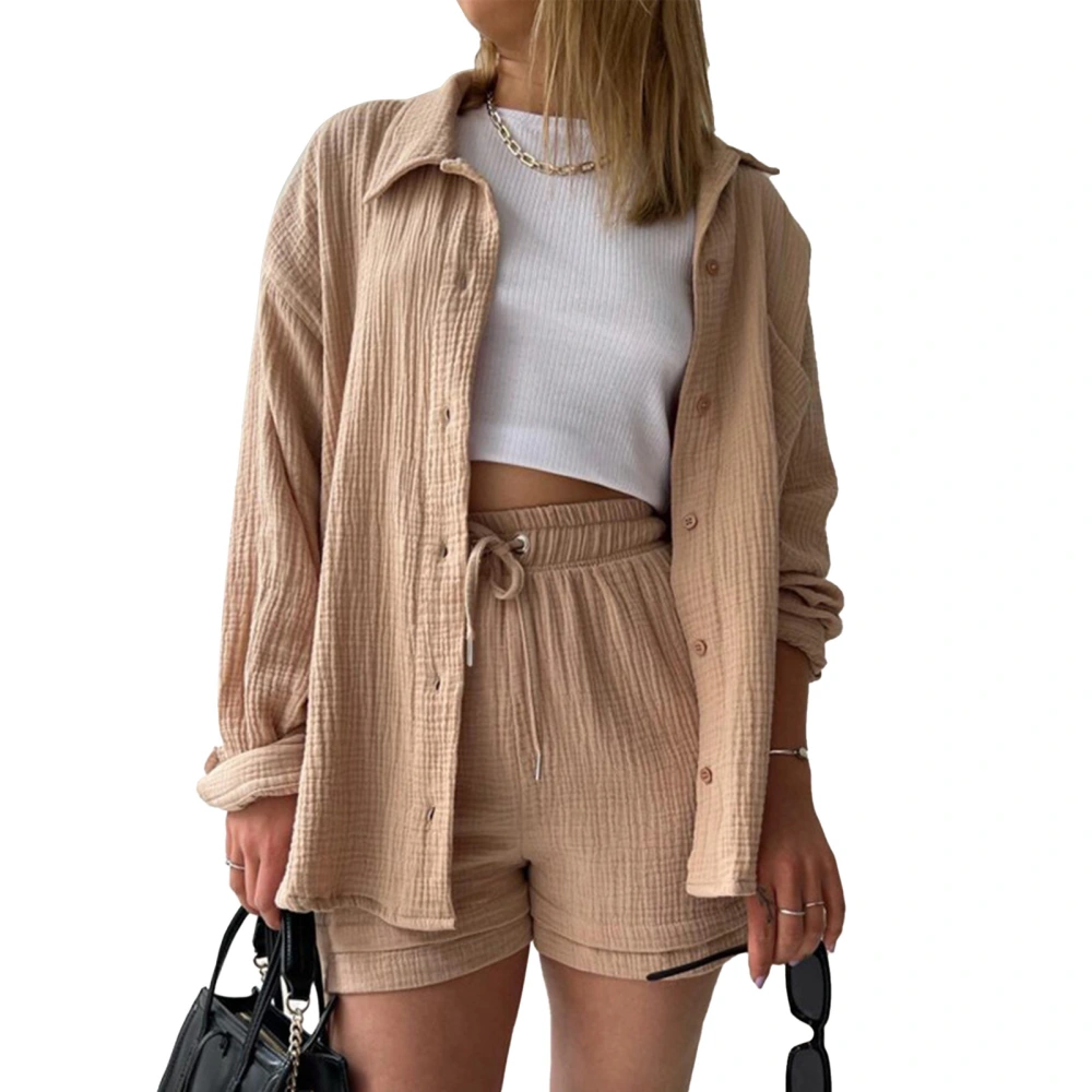 Long Sleeve Coat Shorts Front Pocket Drawstring Turn Down Collar Plus Size Plain Color Jacket High Waisted Shorts Suit Khaki L