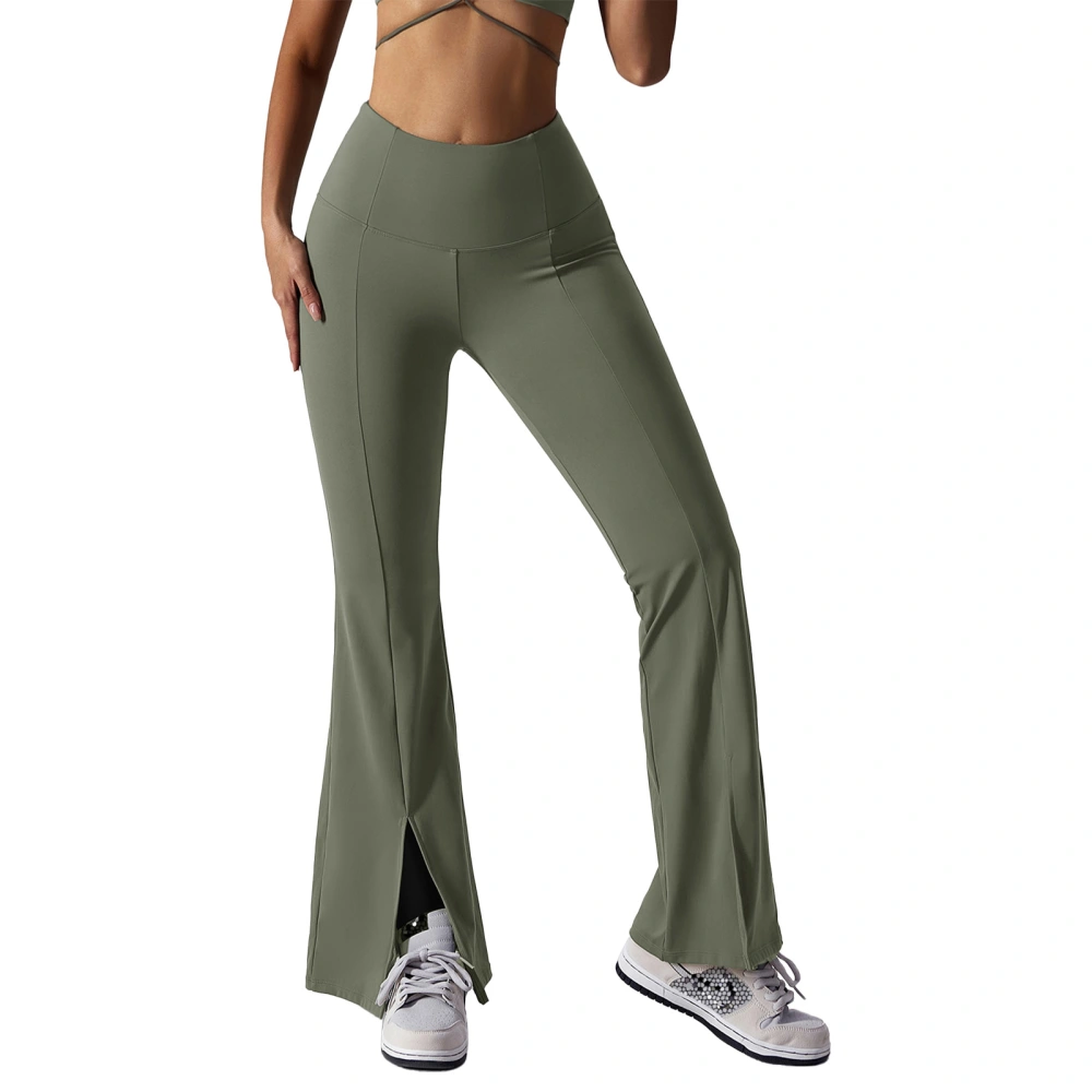 Women High Waist Butt Lift Yoga Pants Plain Color Fitness Split Hem Bell Bottom Pants for Workout OD Green M