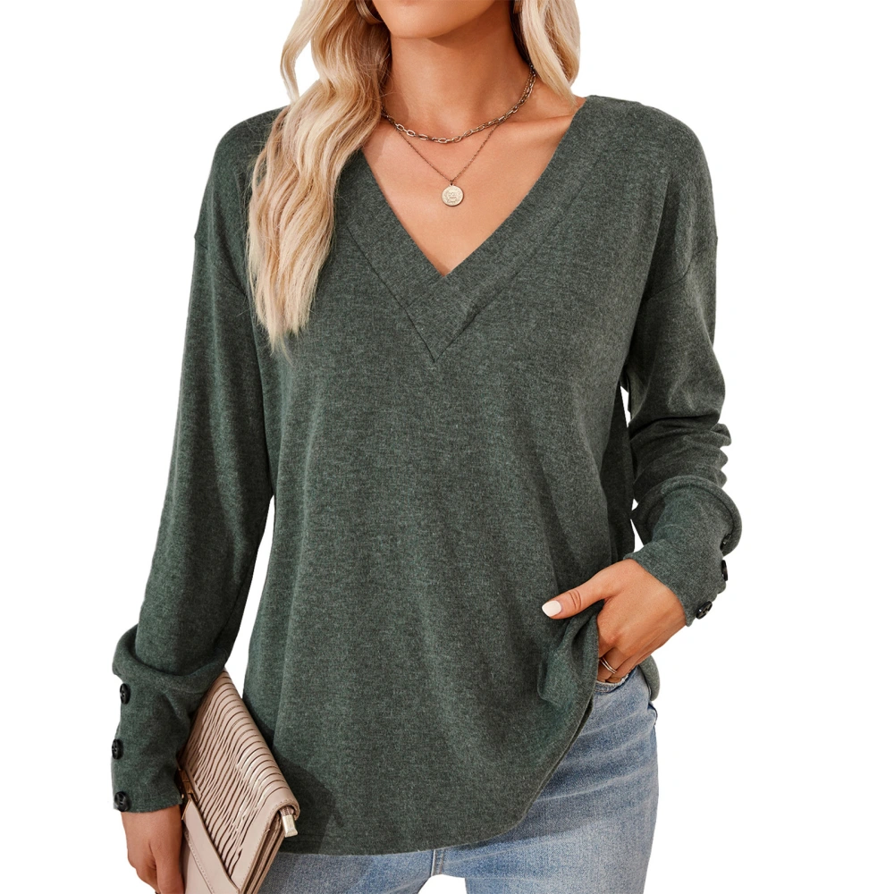 Women V Neck Long Sleeve Shirt Pure Color Fashionable Casual Loose Undershirt for Daily Outdoor Travel Dark Green L