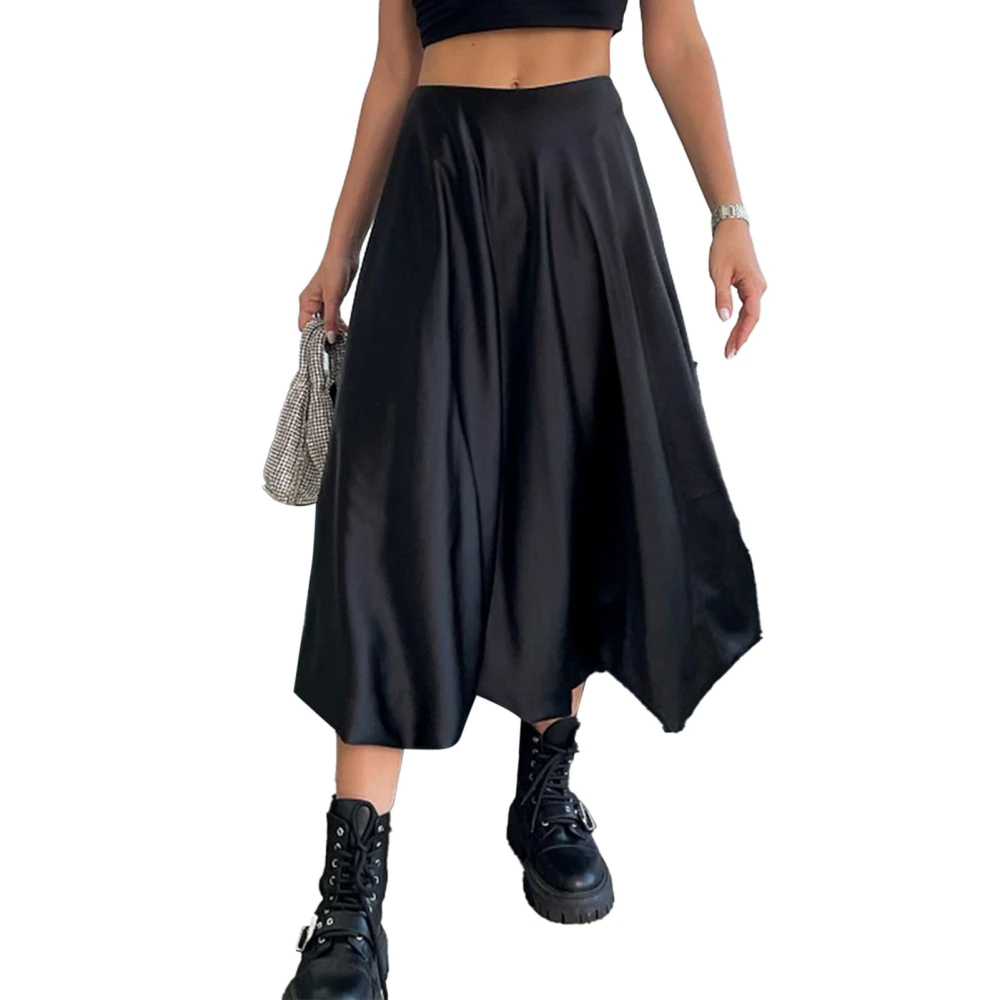 Woman High Waist Skirt A Line Pure Color Satin Concealed Zipper Fashionable Casual Skirt Black S