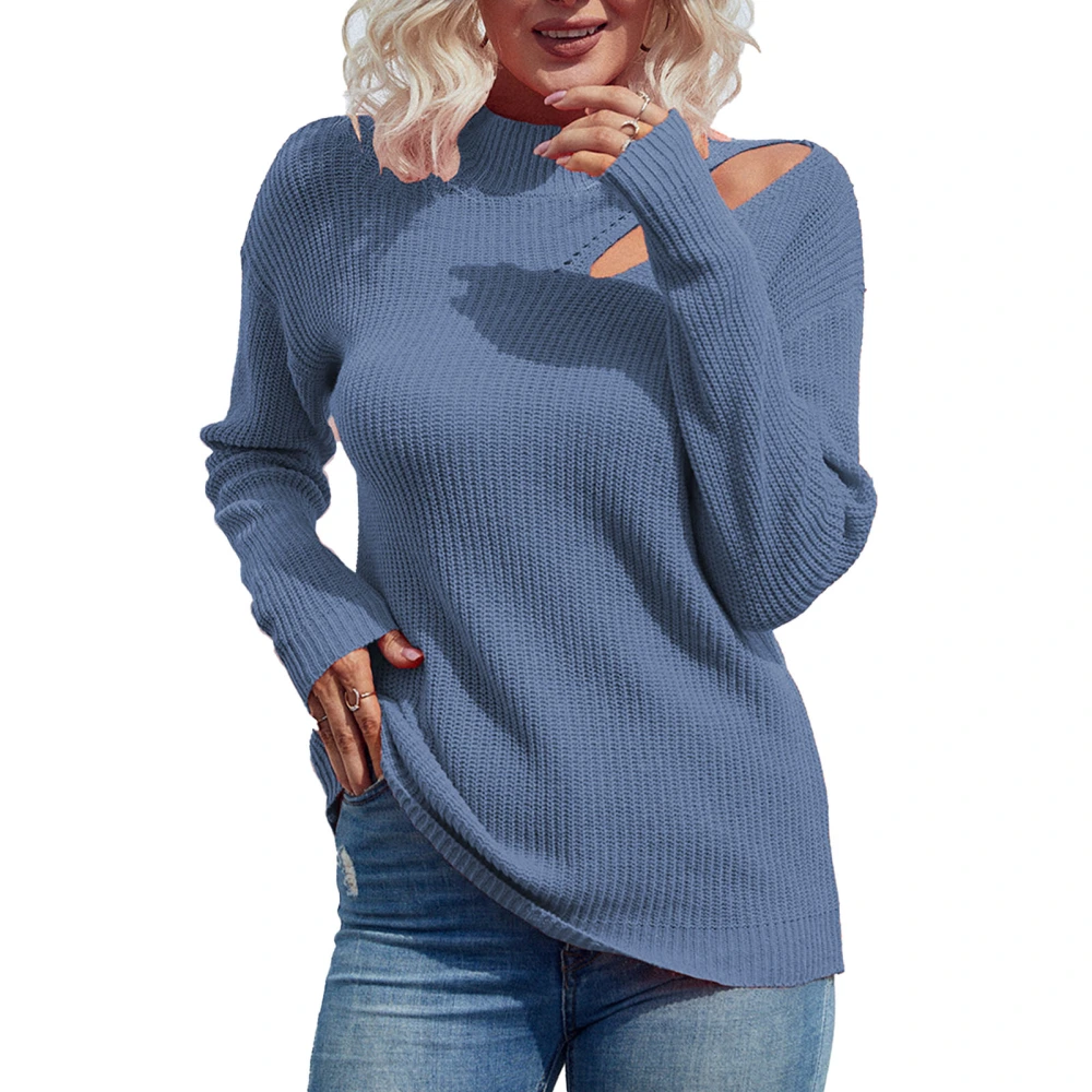 Women Casual Sweater Hollow Out Long Sleeve Casual Pure Color Pullover Knit Top for Shopping Travel Home Blue S