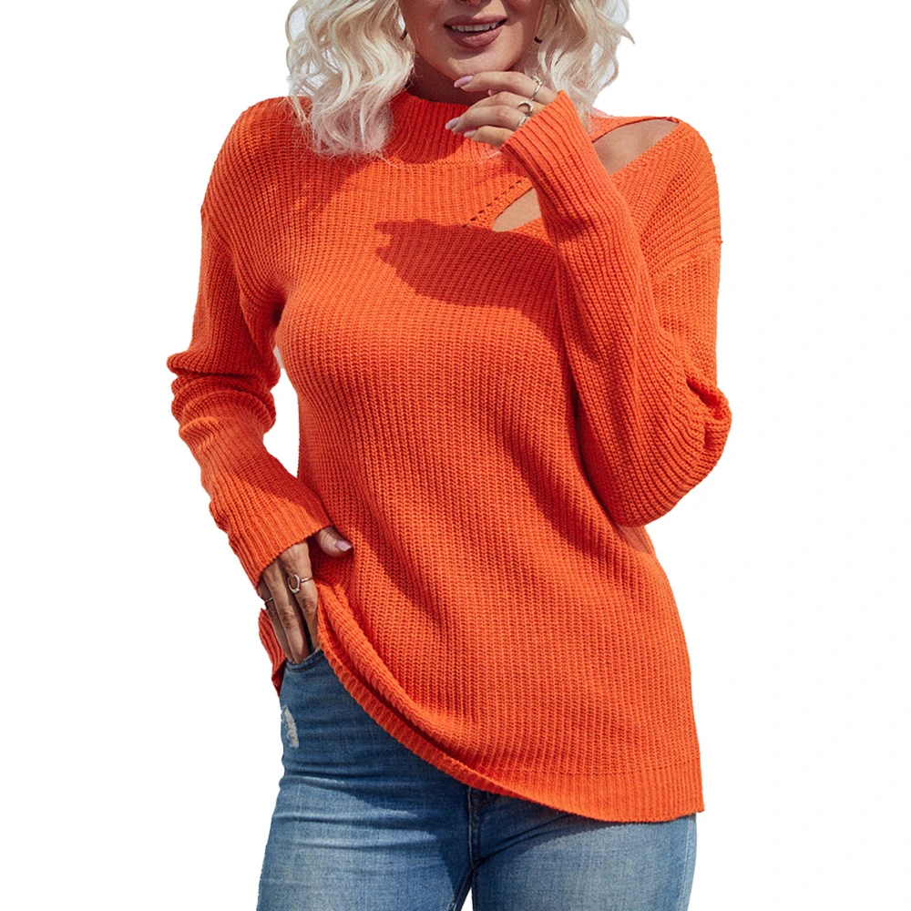 Women Casual Sweater Hollow Out Long Sleeve Casual Pure Color Pullover Knit Top for Shopping Travel Home Orange XL