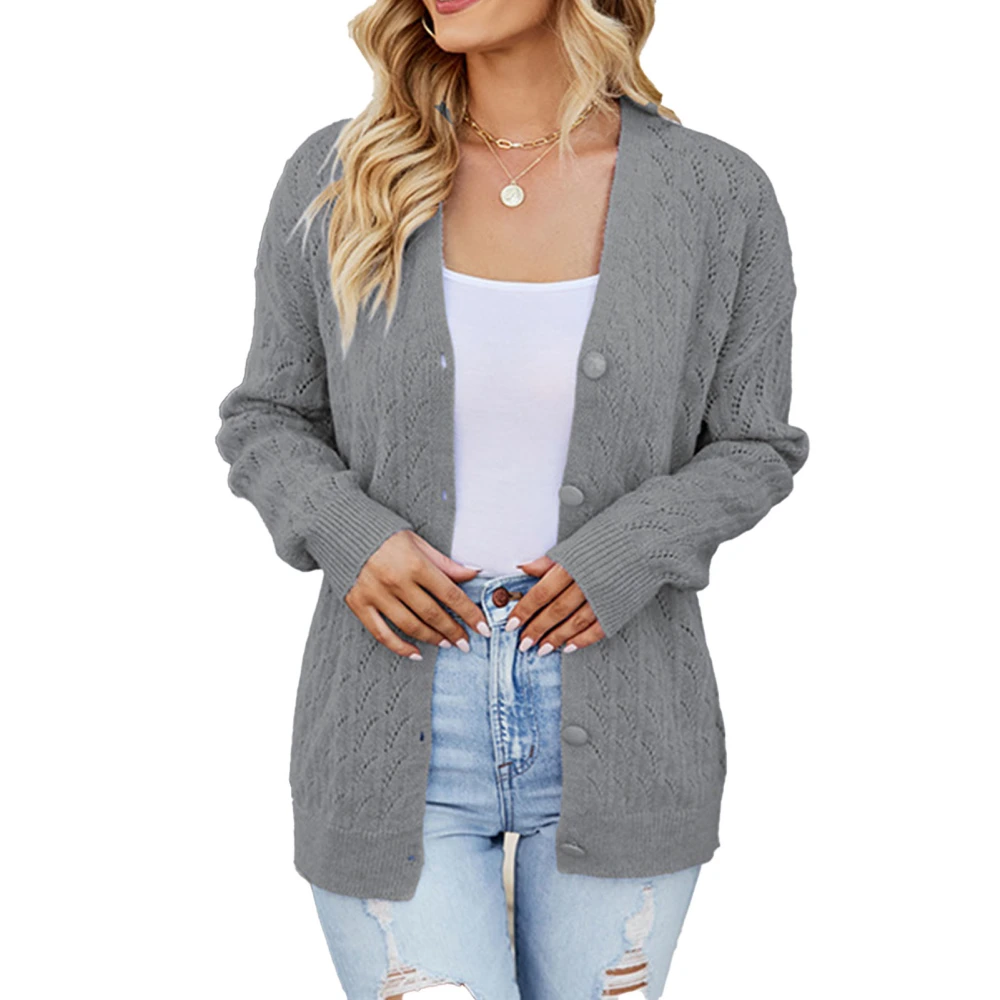 Women Knit Outwear Long Sleeve V Neck Patterned Hollow Out Relaxed Fit Button Up Sweater for Spring Autumn Gray M