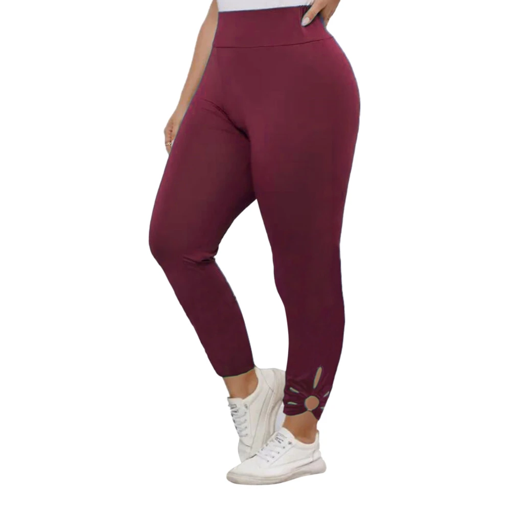 Women High Waist Hollow Bottom Leggings Pure Color Casual Fashionable Workout Stretch Pants for Dating Burgundy S