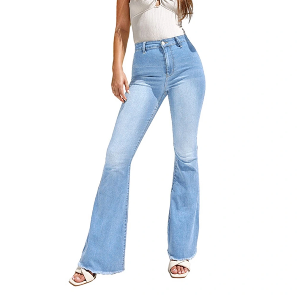 Long Flared Trousers High Elasticity Pocket Slim Fitted Bell Bottom Flared Pants for Women Light Blue XL