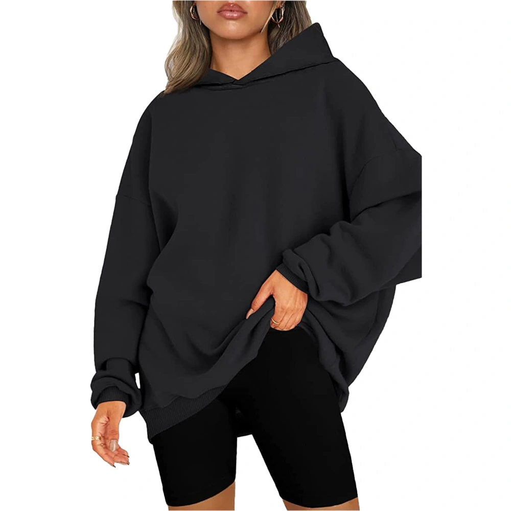 Women Hooded Sweatshirt Long Sleeve Loose Fit Plain Color Casual Pullover Hoodie for Autumn Spring Black XL