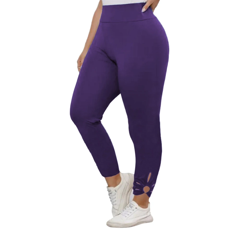 Women High Waist Hollow Bottom Leggings Pure Color Casual Fashionable Workout Stretch Pants for Dating Purple 3XL