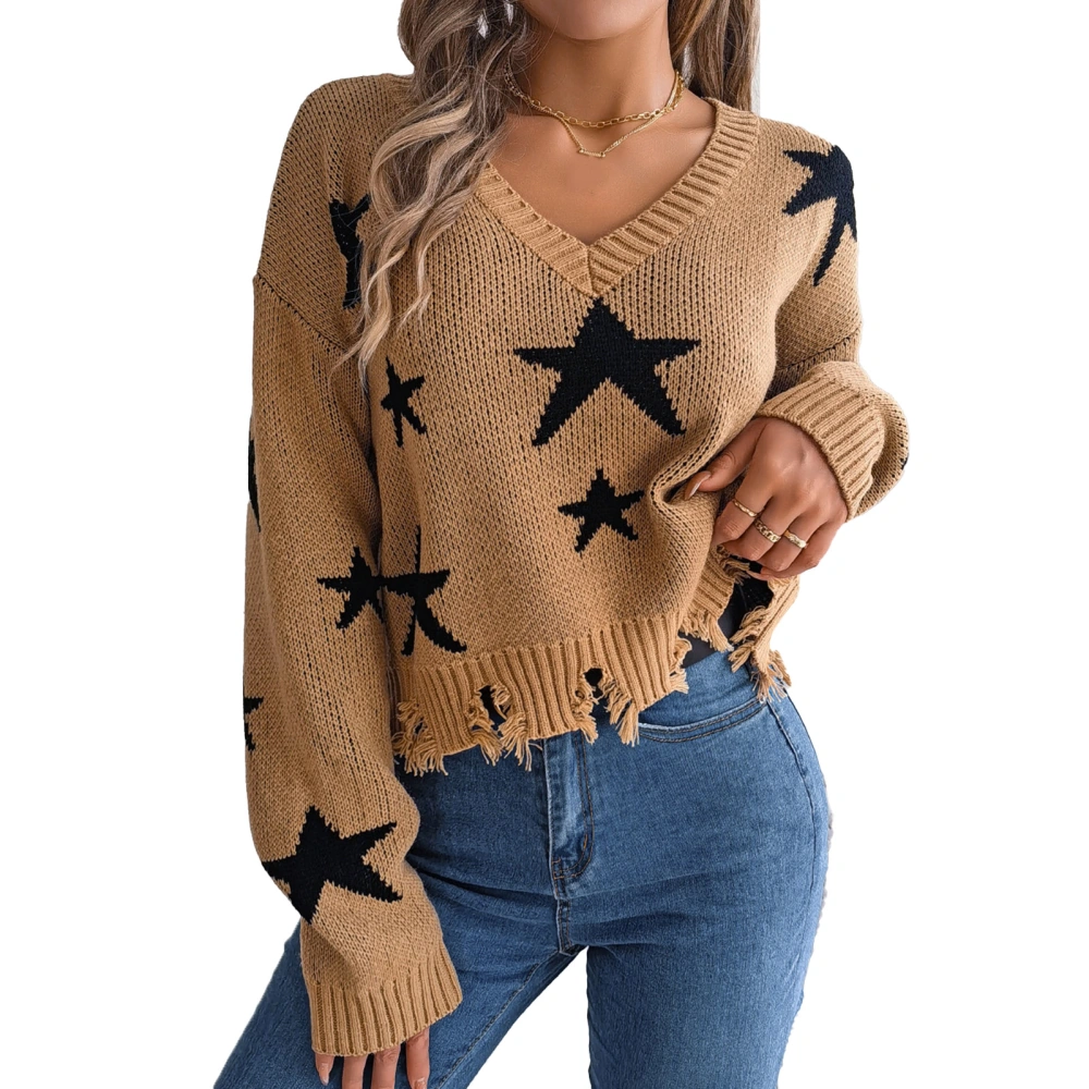 Women Knit Sweater V Neck Long Sleeve Jacket Fall Winter Fashion Style Star Pattern Pullover Jumper Khaki L