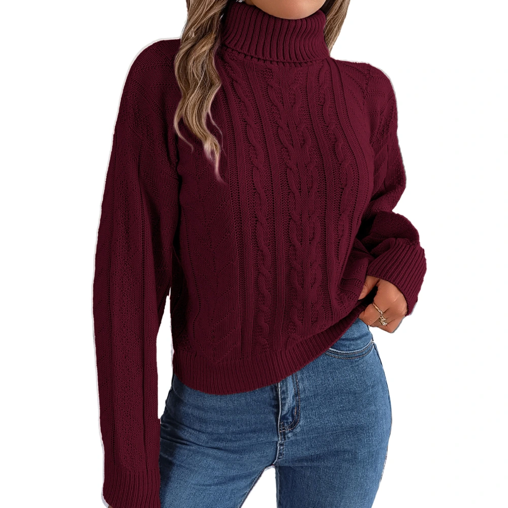 Women High Neck Sweater Solid Color Long Sleeve Sweaters Casual Knit Tops for Autum Winter Wine Red L