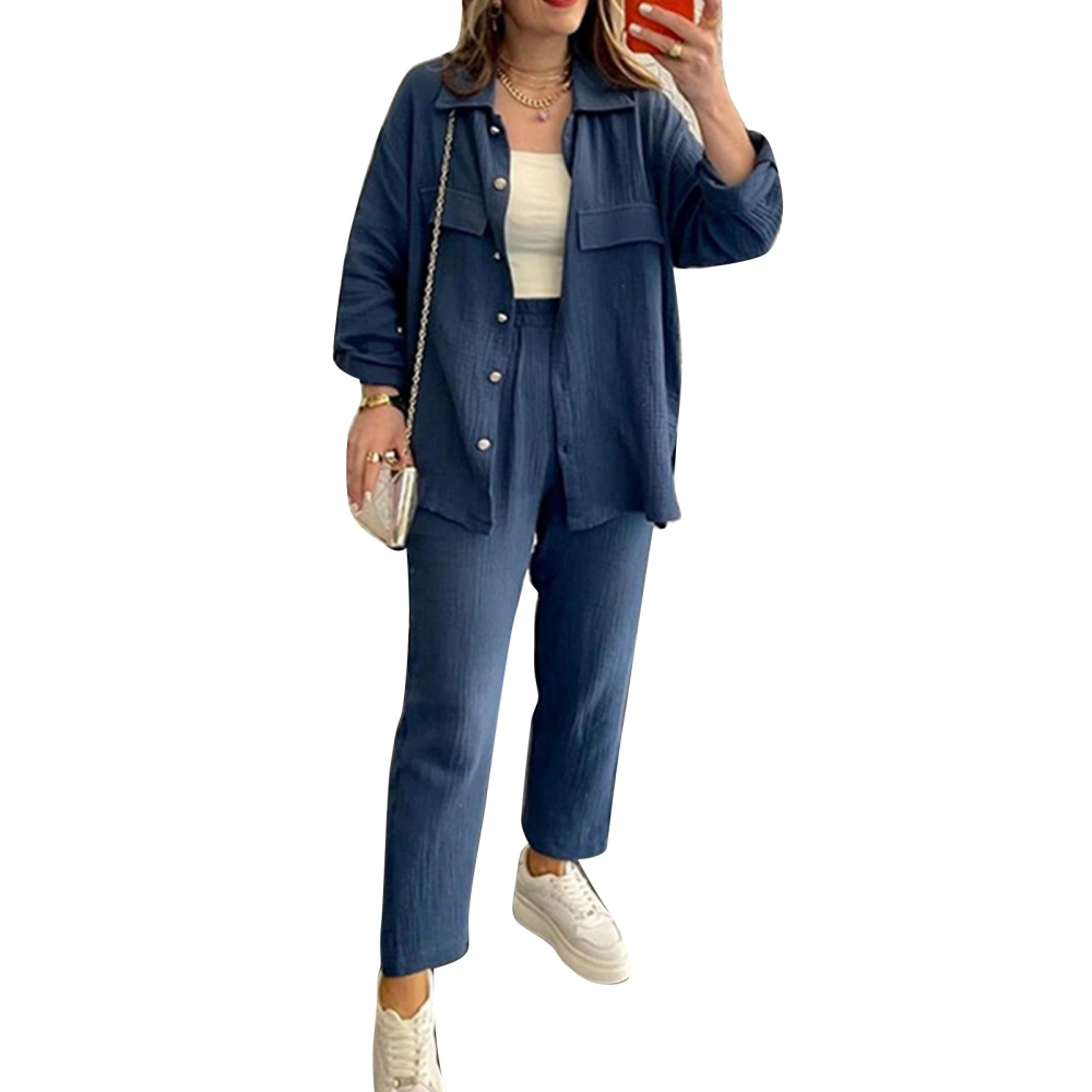 Women Outfit Set Button Up Top Elastic Waist Bottom Loose Fit Pure Color Loungewear Set Blue M