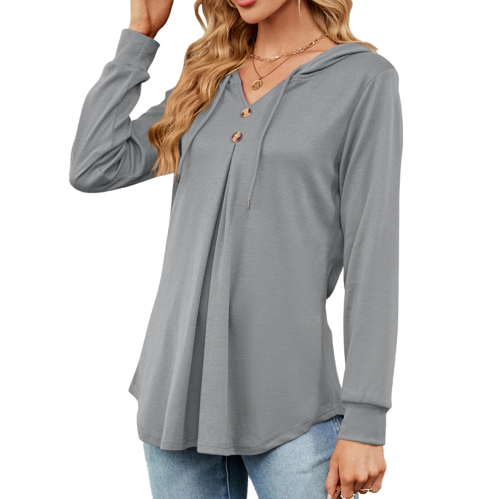 Women V Neck Long Sleeve Hoodies Autumn Winter Stylish Casual Loose Pure Color Drawstring Women Long Sleeve Pullover Tops Grey M