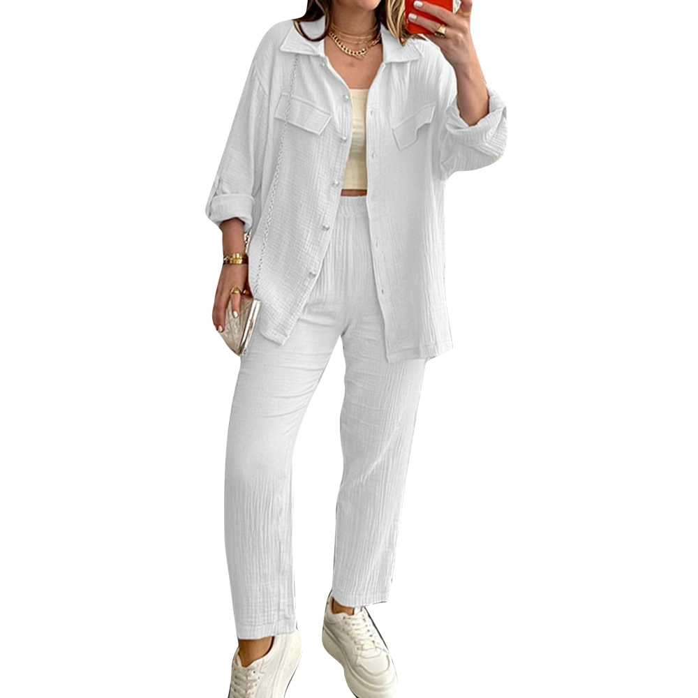 Women Outfit Set Button Up Top Elastic Waist Bottom Loose Fit Pure Color Loungewear Set White XL