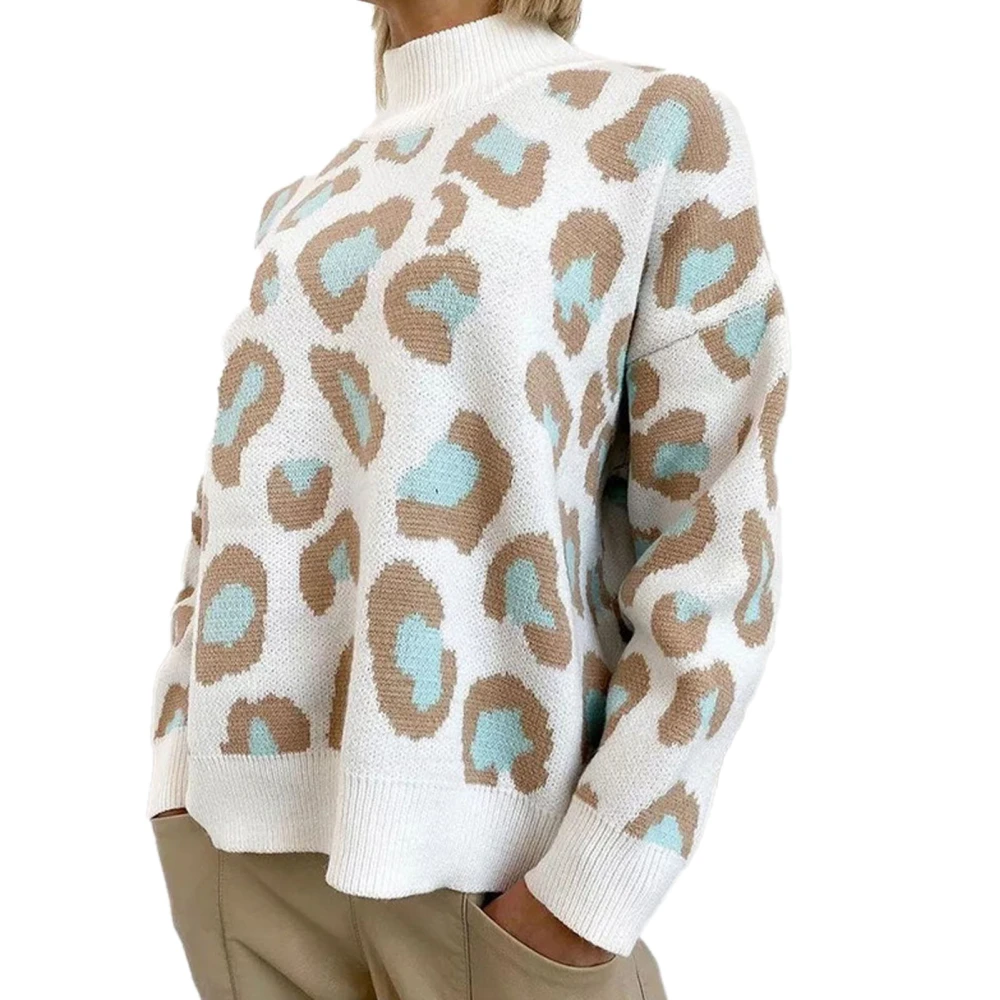 Women Half High Neck Sweater Leopard Print Long Sleeve Loose Fitting Casual Pullover Sweater Green M