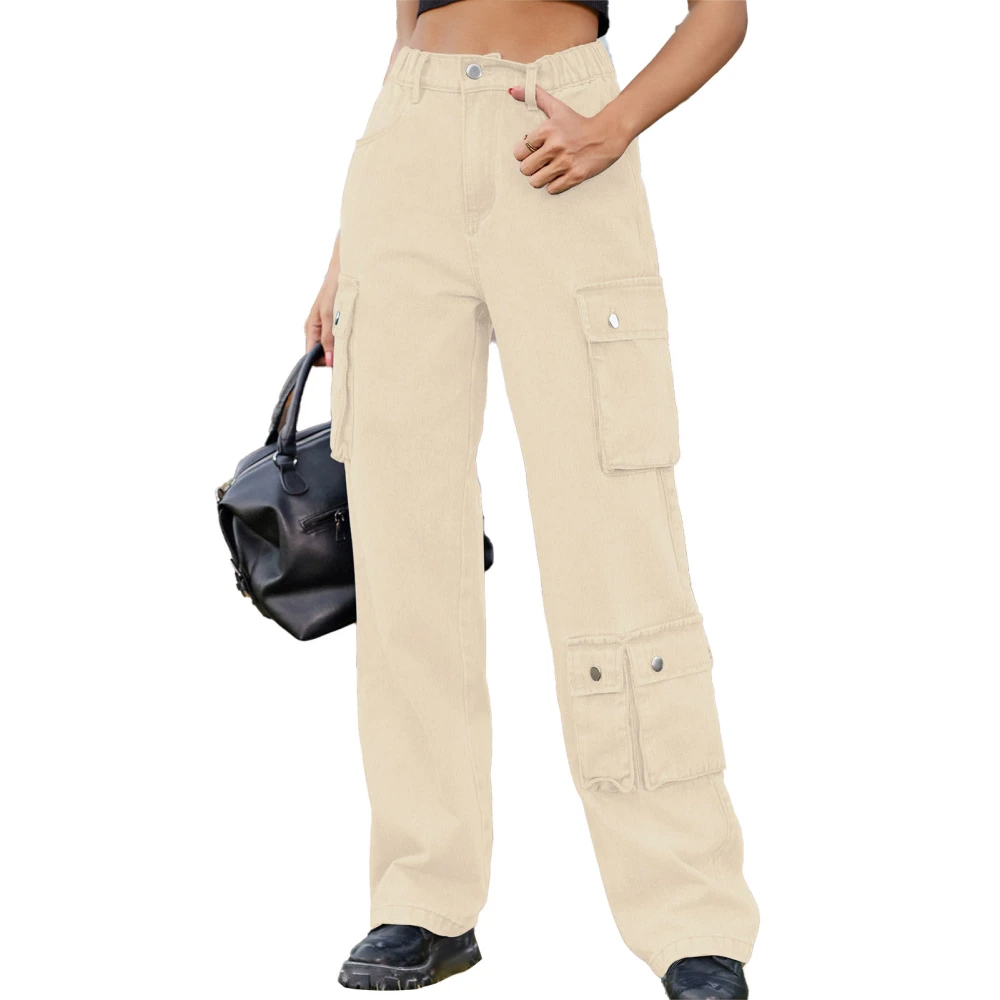 Women Multiple Pockets Pants Pure Color Comfy Loose Relaxed Fit Wide Straight Leg Pants Light Khaki S