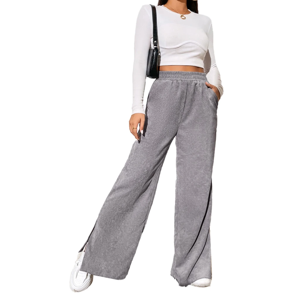 Woman Elastic High Waist Long Pants Split Hem Pure Color Trousers Wide Leg Pocket Long Pants Grey S