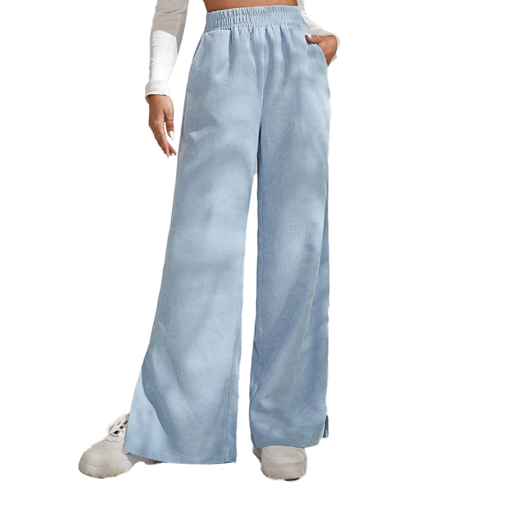 Woman Elastic High Waist Long Pants Split Hem Pure Color Trousers Wide Leg Pocket Long Pants Light Blue M