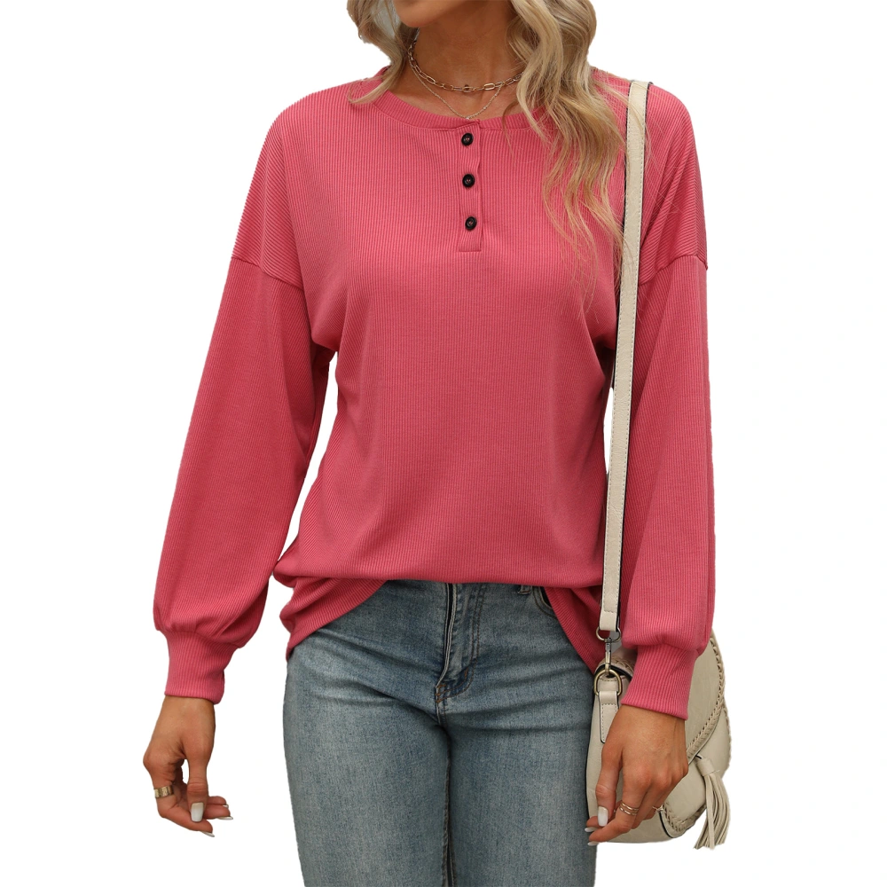 Women Long Sleeve Top Round Neck Loose T Shirt Button Decoration Casual Bottoming Shirt for Daily Wear Pink L