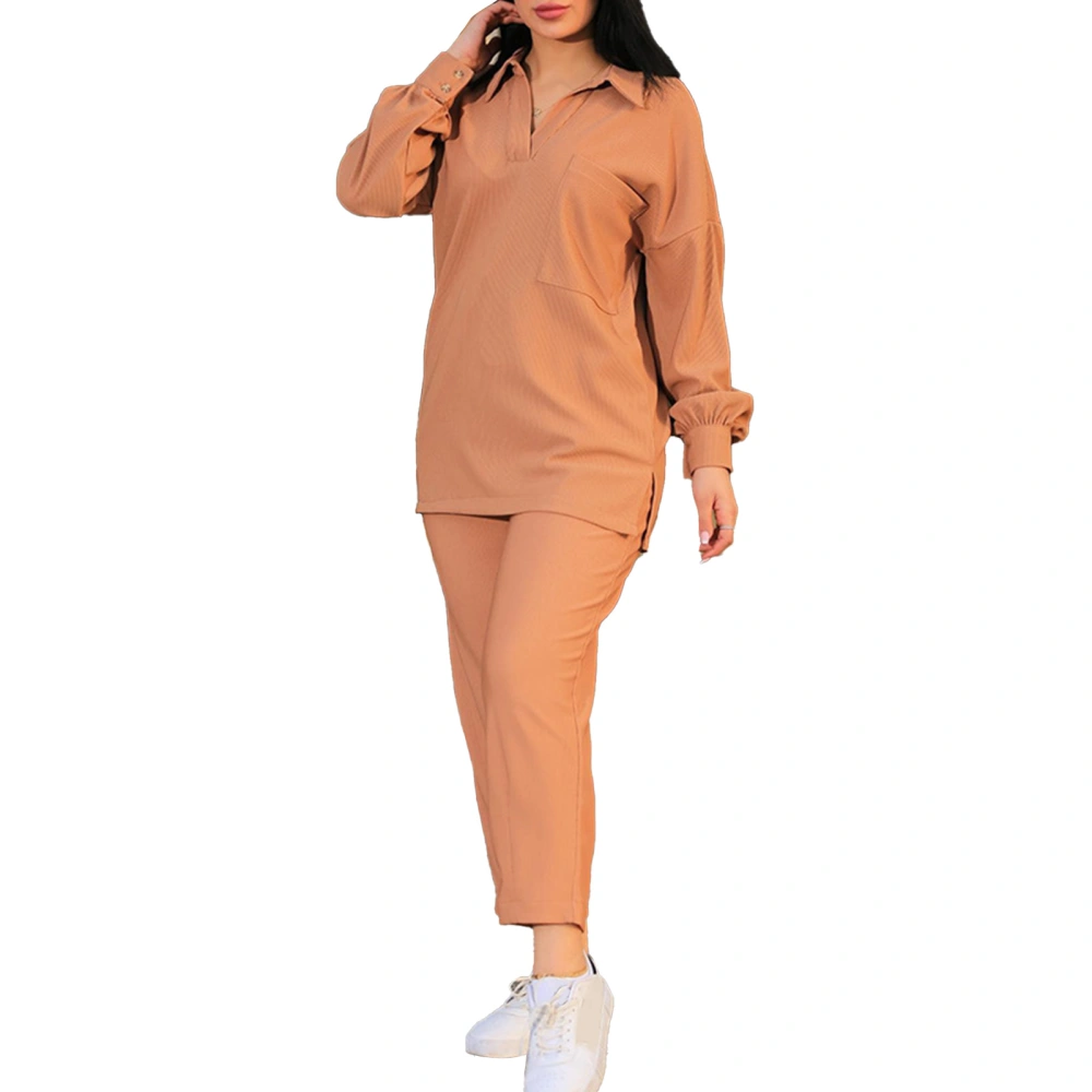 Women Two Piece Outfits V Neck Turn Down Collar Long Sleeves Top Drawstring Closure Pants Casual Set Coffee S