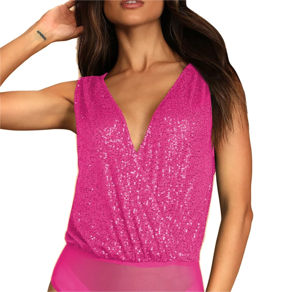 Women V Neck Bodysuit Top Shiny Sequin Low Cut Back Sleeveless Tank Top with Mesh Briefs Rose Red S