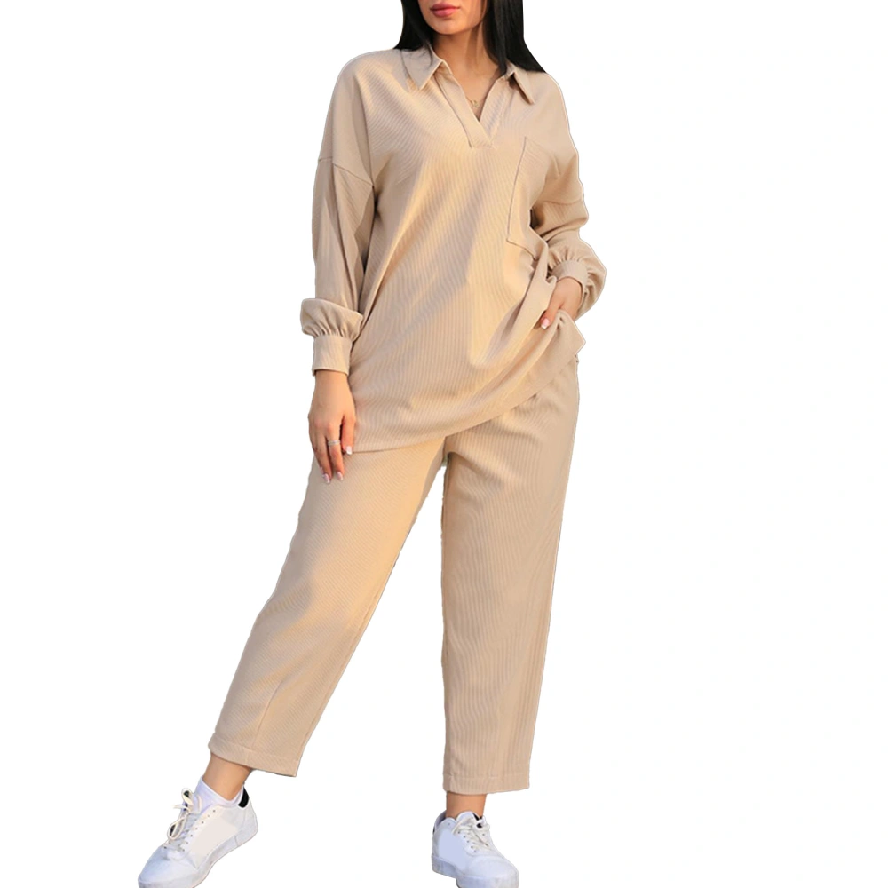 Women Two Piece Outfits V Neck Turn Down Collar Long Sleeves Top Drawstring Closure Pants Casual Set Apricot L