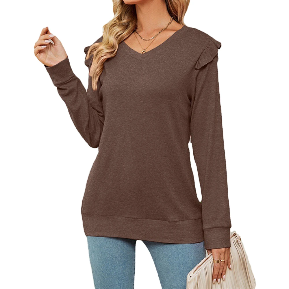 Women Long Sleeve Top V Neck Pure Color Frill Trim Comfortable Pullover Sweatshirt for Daily Wear Brown M