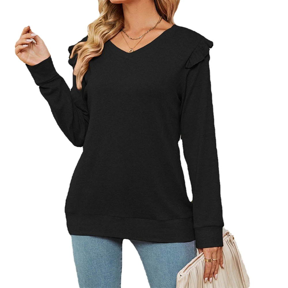 Women Long Sleeve Top V Neck Pure Color Frill Trim Comfortable Pullover Sweatshirt for Daily Wear Black XL