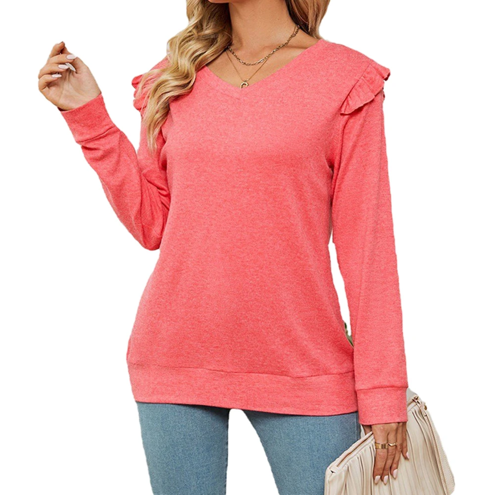 Women Long Sleeve Top V Neck Pure Color Frill Trim Comfortable Pullover Sweatshirt for Daily Wear Pink XL