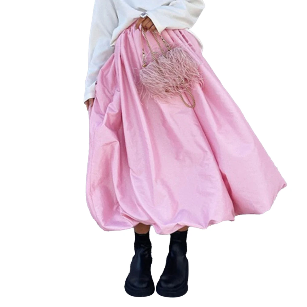 Woman High Waist Skirt A Line Pure Color Satin Concealed Zipper Fashionable Casual Skirt Pink L