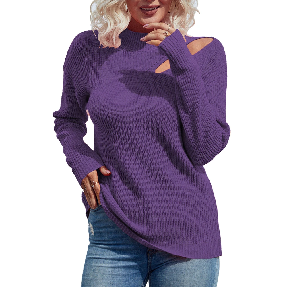 Women Casual Sweater Hollow Out Long Sleeve Casual Pure Color Pullover Knit Top for Shopping Travel Home Purple L