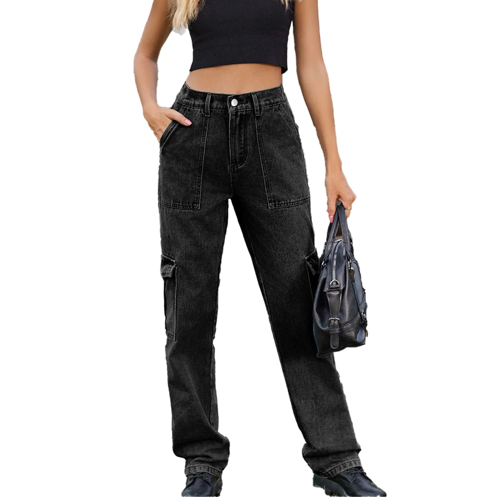 Women Baggy Pants Stylish Multi Pockets Loose Fitting Casual Long Trousers for Daily Wear Black Gray XL