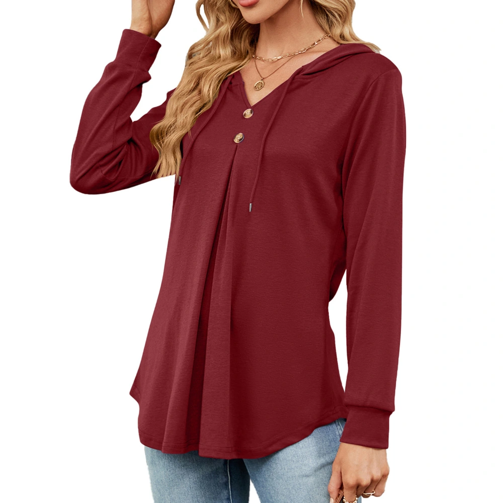 Women V Neck Long Sleeve Hoodies Autumn Winter Stylish Casual Loose Pure Color Drawstring Women Long Sleeve Pullover Tops Wine Red S