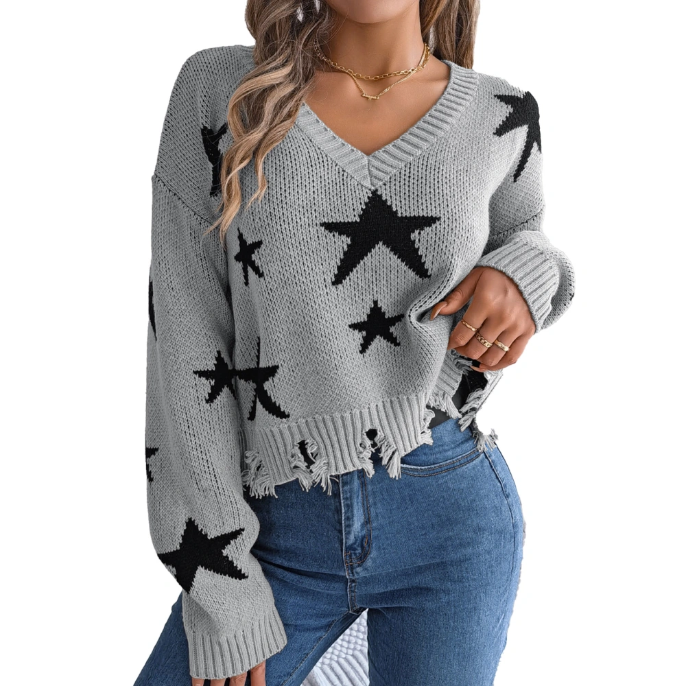 Women Knit Sweater V Neck Long Sleeve Jacket Fall Winter Fashion Style Star Pattern Pullover Jumper Gray L