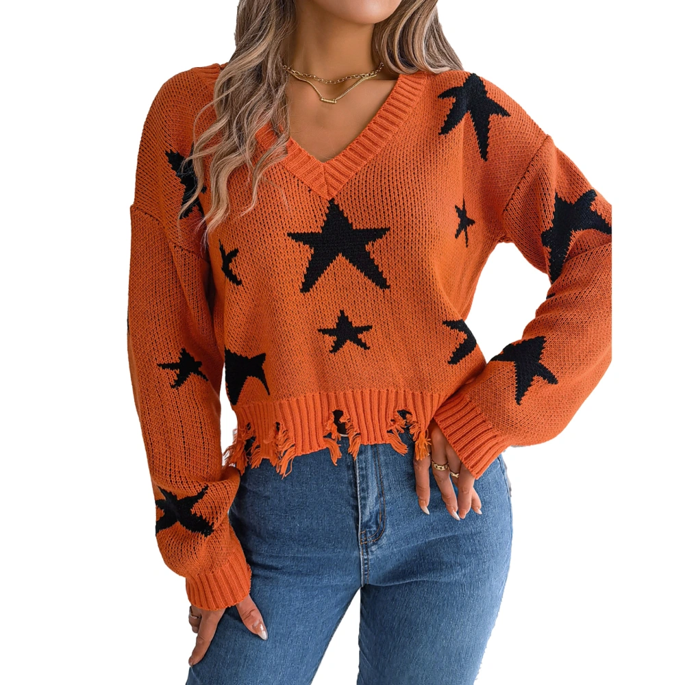 Women Knit Sweater V Neck Long Sleeve Jacket Fall Winter Fashion Style Star Pattern Pullover Jumper Orange L