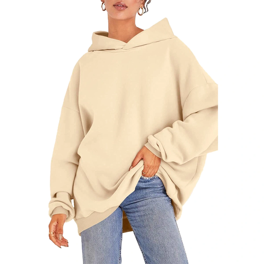 Women Hooded Sweatshirt Long Sleeve Loose Fit Plain Color Casual Pullover Hoodie for Autumn Spring Apricot XL