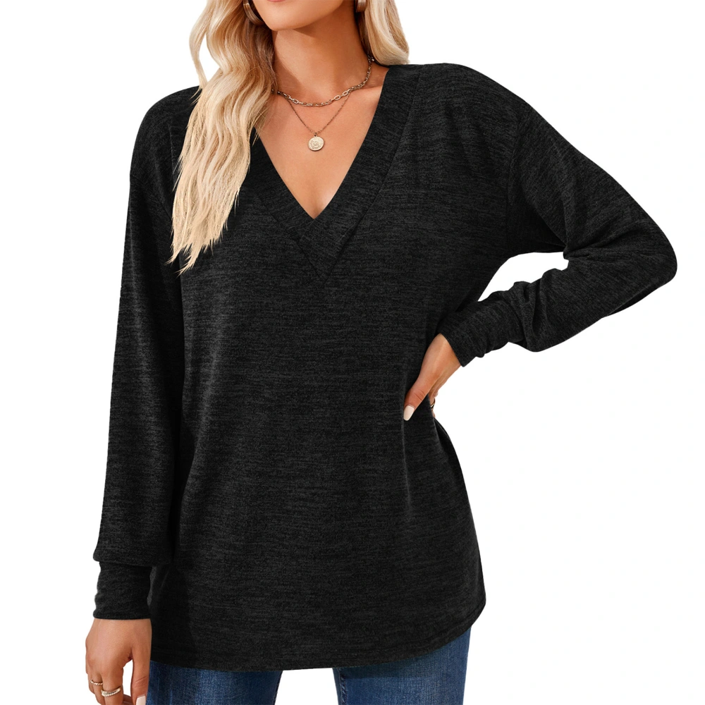 Women Long Sleeve Shirt V Neck Pure Color Casual Loose Women Long Sleeve T Shirt Undershirt for Home Party Work Black M