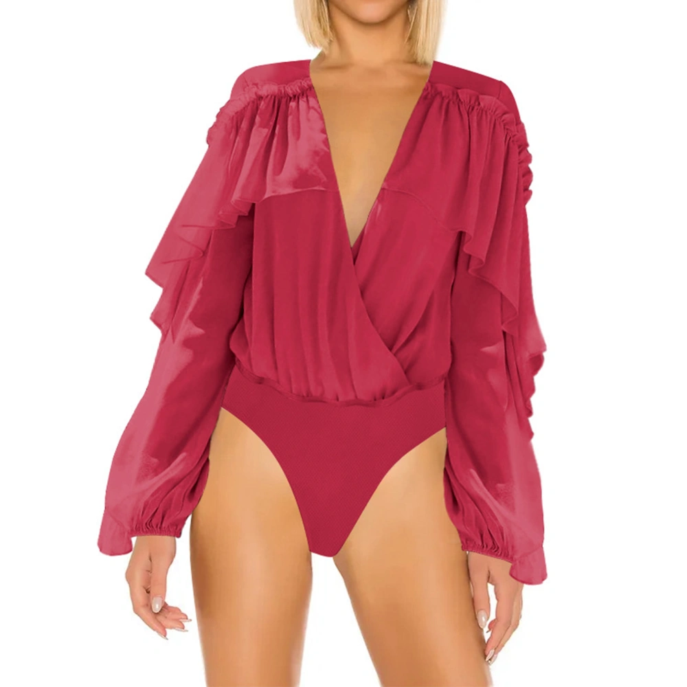 Ruffle Bodysuit V Neckline Elastic Cuff Long Sleeve Plain Color Women Bodysuit for Dating Rose Red S