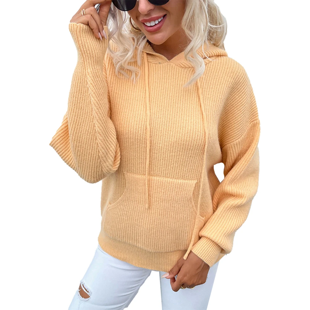 Women Hooded Pullover Sweater Solid Color Casual Long Sleeve Sweater for Autumn Winter Light Tan XL