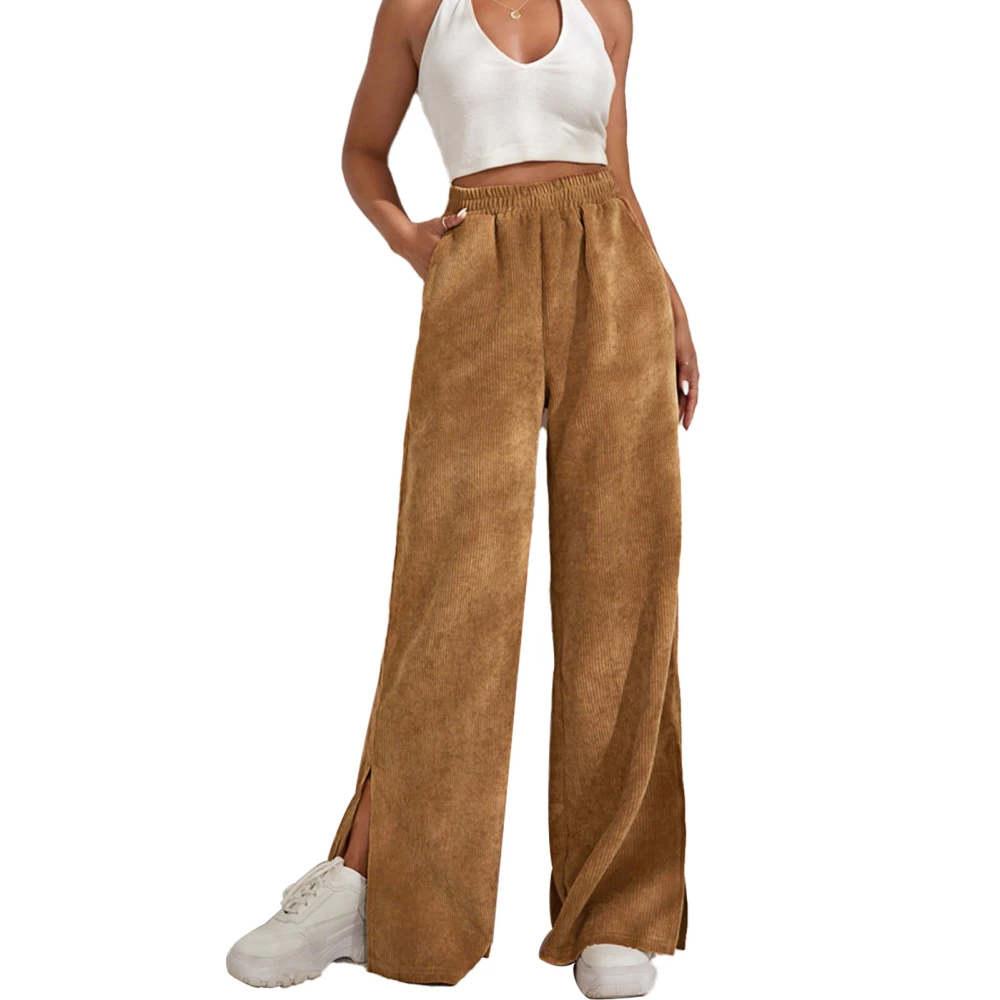 Woman Elastic High Waist Long Pants Split Hem Pure Color Trousers Wide Leg Pocket Long Pants Dark Brown XXL