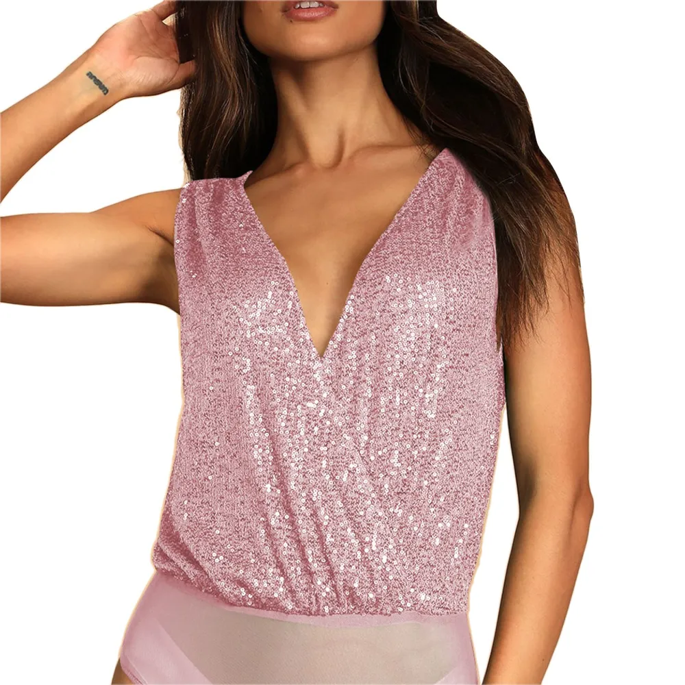 Women V Neck Bodysuit Top Shiny Sequin Low Cut Back Sleeveless Tank Top with Mesh Briefs Pink M