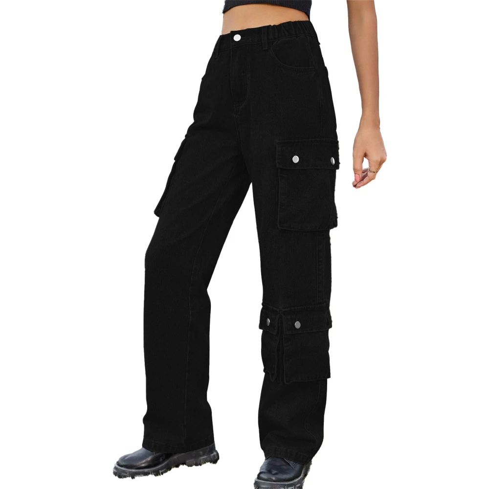 Women Multiple Pockets Pants Pure Color Comfy Loose Relaxed Fit Wide Straight Leg Pants Black S