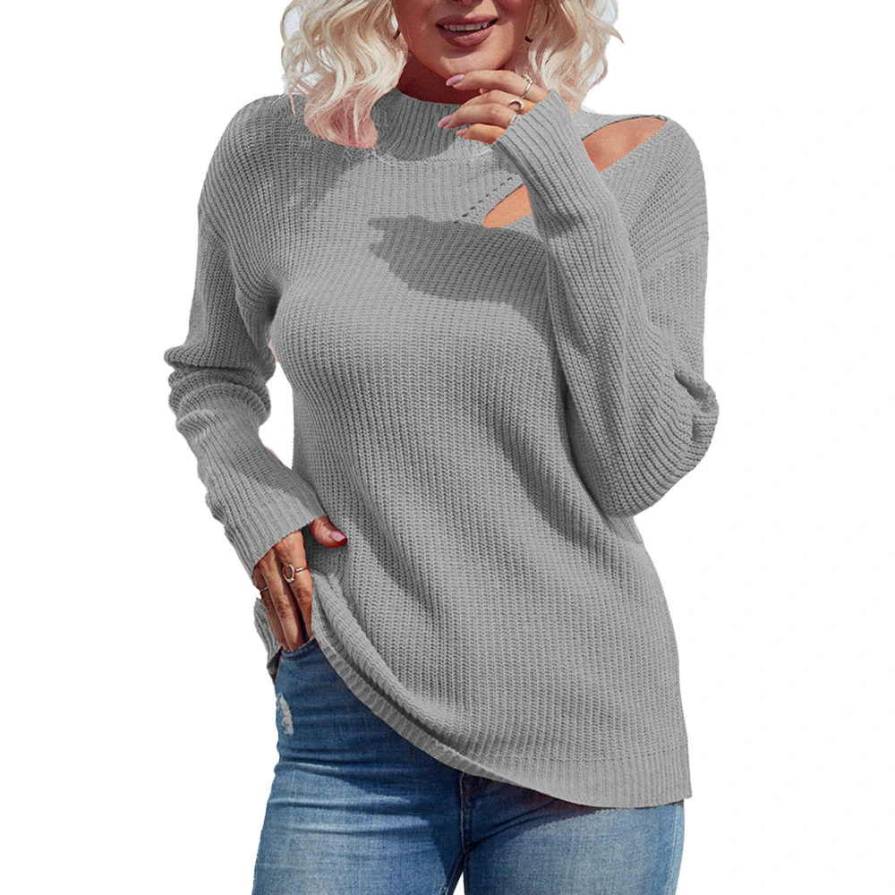 Women Casual Sweater Hollow Out Long Sleeve Casual Pure Color Pullover Knit Top for Shopping Travel Home Grey L