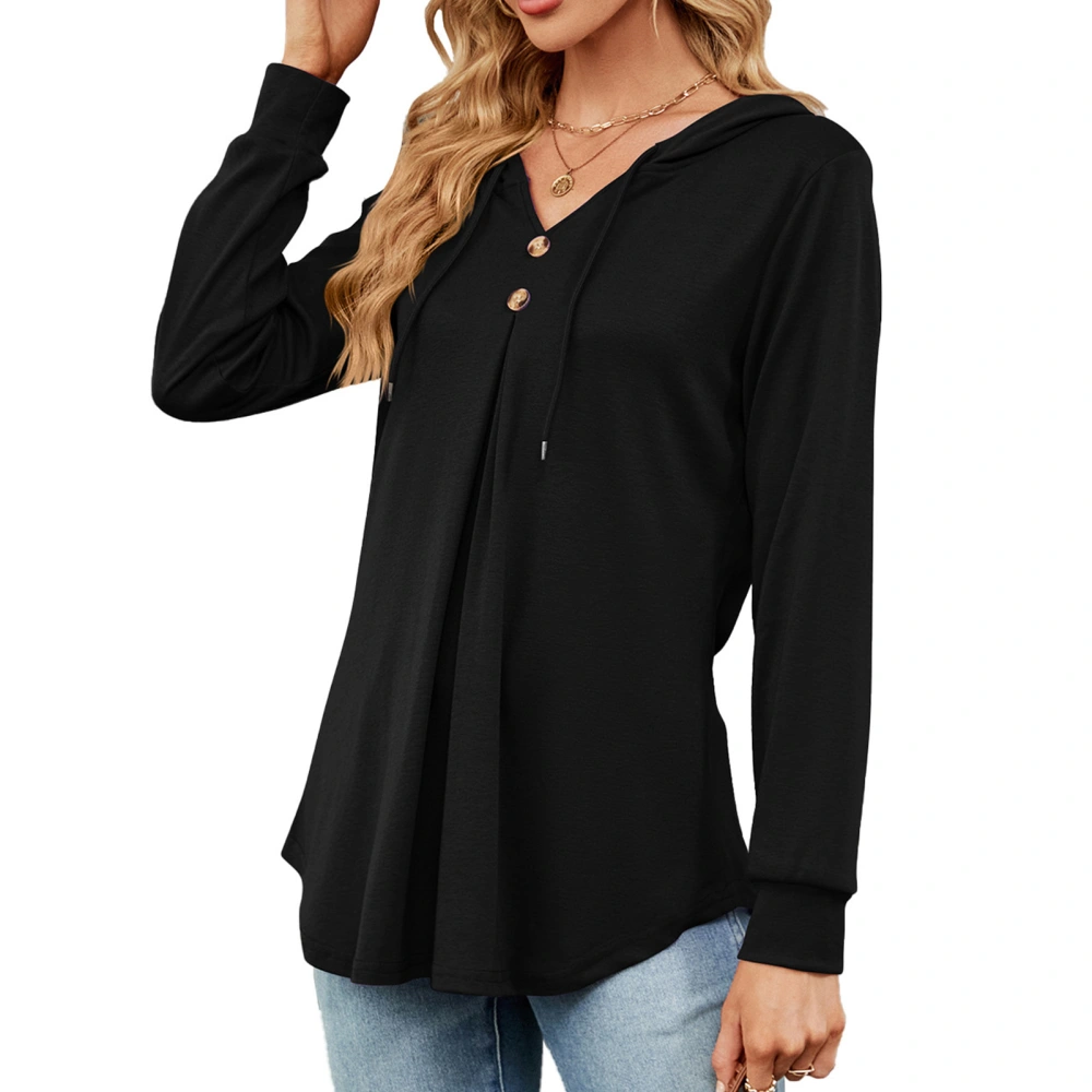 Women V Neck Long Sleeve Hoodies Autumn Winter Stylish Casual Loose Pure Color Drawstring Women Long Sleeve Pullover Tops Black L