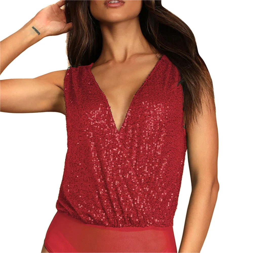 Women V Neck Bodysuit Top Shiny Sequin Low Cut Back Sleeveless Tank Top with Mesh Briefs Red L