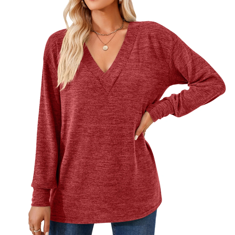 Women Long Sleeve Shirt V Neck Pure Color Casual Loose Women Long Sleeve T Shirt Undershirt for Home Party Work Red M