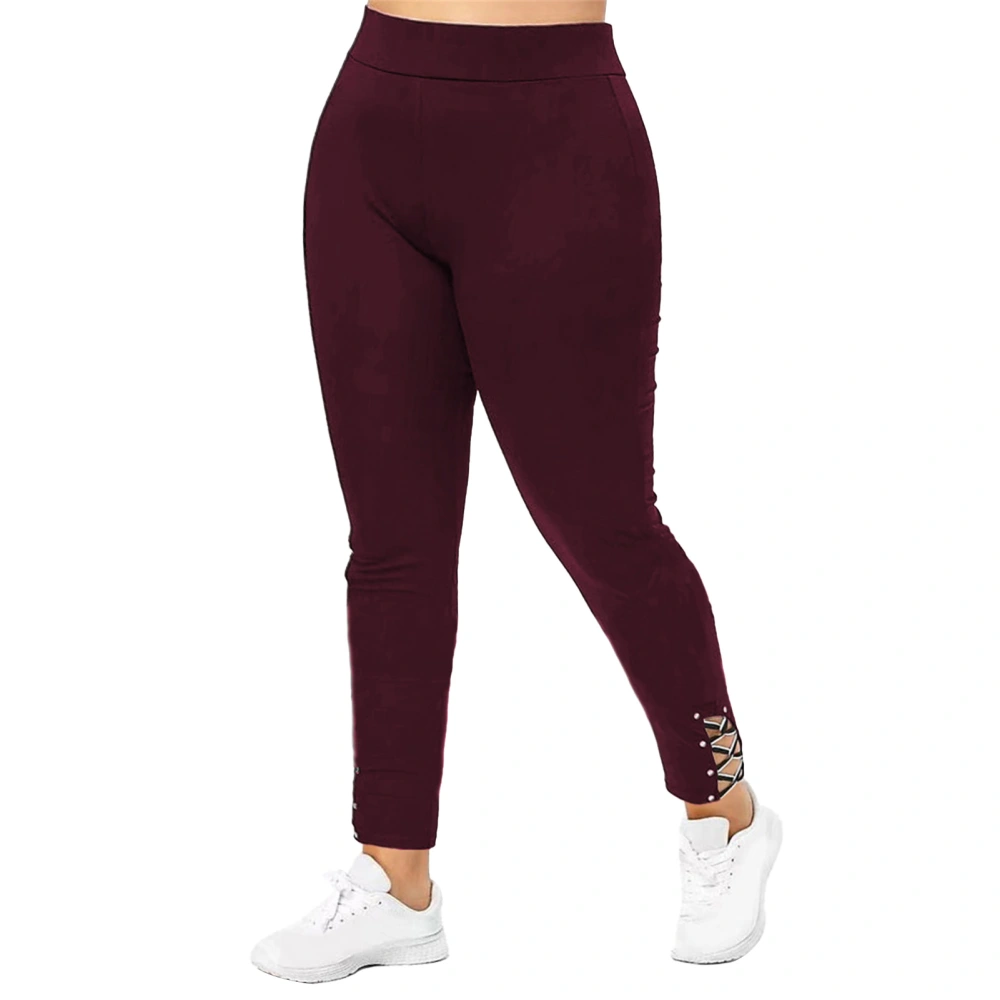 Women Skinny Pants Lace Up Cuff Slim Fit Comfy High Rise Pants Stretch Pants for Yaga Fitness Wine Red L