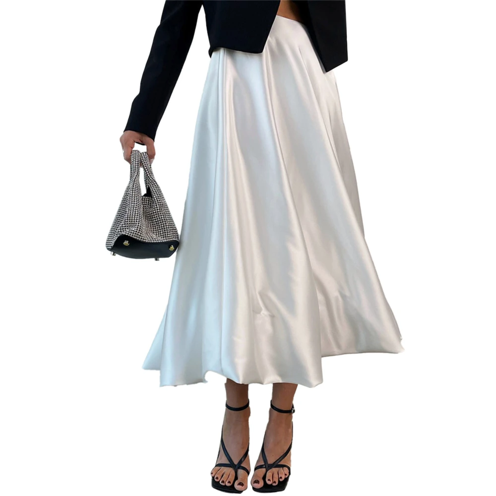 Woman High Waist Skirt A Line Pure Color Satin Concealed Zipper Fashionable Casual Skirt White L