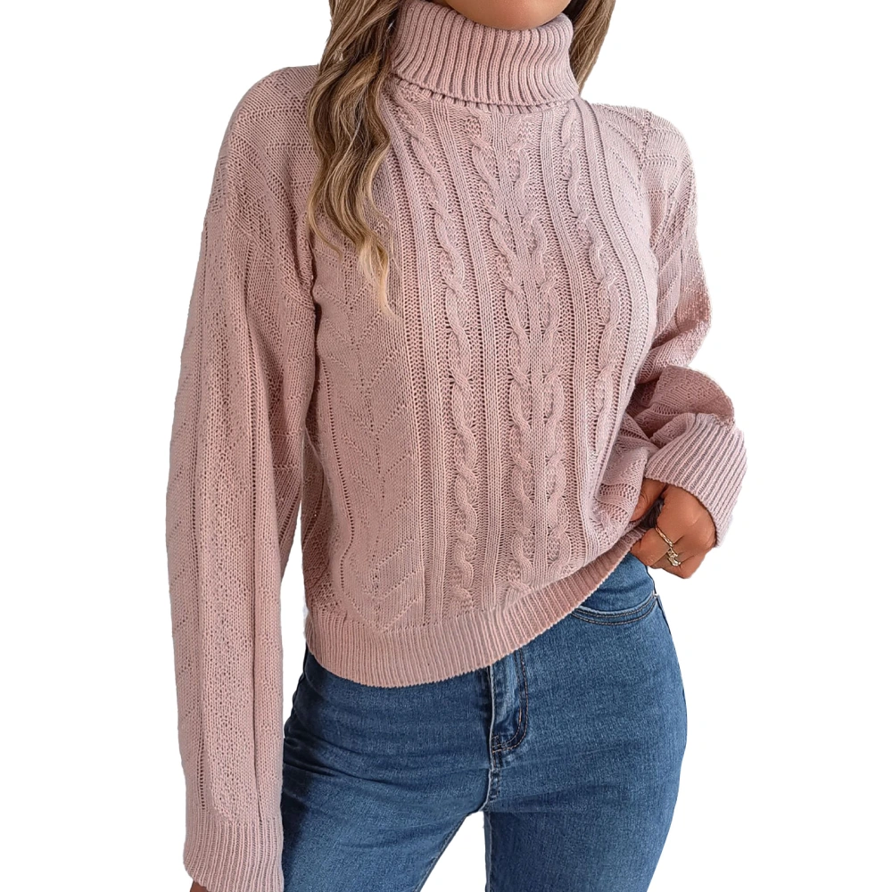 Women High Neck Sweater Solid Color Long Sleeve Sweaters Casual Knit Tops for Autum Winter Pink S